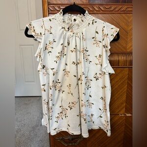 MELLODAY Cream Floral Smocked Neck Ruffle Sleeve Blouse